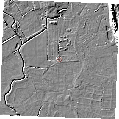 Shaded relief map of the ground around PE245TN, computed from Environment Agency LiDAR. The ground here sits at about 2 m above sea level and falls 13 m across the surrounding 800 m. The ground contributing surface water to this point lies to the east.