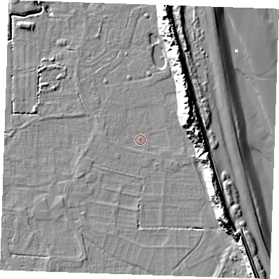 Shaded relief map of the ground around PE245TP, computed from Environment Agency LiDAR. The ground here sits at about 2 m above sea level and falls 18 m across the surrounding 800 m. Surface water reaching this point runs off ground lying to the east-north-east, 13.8 m higher.