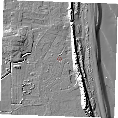 Shaded relief map of the ground around PE245TQ, computed from Environment Agency LiDAR. The ground here sits at about 2 m above sea level and falls 17 m across the surrounding 800 m. Surface water reaching this point runs off ground lying to the east-north-east, 11.6 m higher.