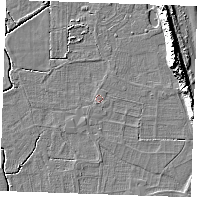 Shaded relief map of the ground around PE245TR, computed from Environment Agency LiDAR. The ground here sits at about 2 m above sea level and falls 16 m across the surrounding 800 m. Surface water reaching this point runs off ground lying to the south-south-west, 0.8 m higher.