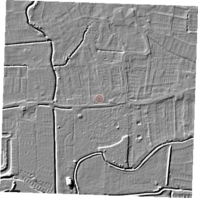 Shaded relief map of the ground around PE245TS, computed from Environment Agency LiDAR. The ground here sits at about 2 m above sea level and falls 6 m across the surrounding 800 m. Surface water reaching this point runs off ground lying to the east-south-east, 0.6 m higher.