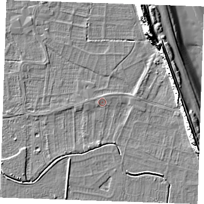 Shaded relief map of the ground around PE245TU, computed from Environment Agency LiDAR. The ground here sits at about 3 m above sea level and falls 14 m across the surrounding 800 m. Surface water reaching this point runs off ground lying to the west, 0.6 m higher.