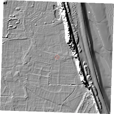 Shaded relief map of the ground around PE245TW, computed from Environment Agency LiDAR. The ground here sits at about 2 m above sea level and falls 18 m across the surrounding 800 m. Surface water reaching this point runs off ground lying to the west-south-west, 1.0 m higher.