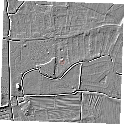 Shaded relief map of the ground around PE245TX, computed from Environment Agency LiDAR. The ground here sits at about 2 m above sea level and falls 6 m across the surrounding 800 m. Surface water reaching this point runs off ground lying to the south-south-west, 1.6 m higher.