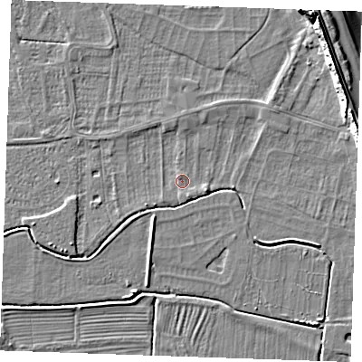Shaded relief map of the ground around PE245TY, computed from Environment Agency LiDAR. The ground here sits at about 2 m above sea level and falls 11 m across the surrounding 800 m. Surface water reaching this point runs off ground lying to the north-east, 8.5 m higher.