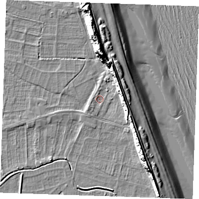 Shaded relief map of the ground around PE245TZ, computed from Environment Agency LiDAR. The ground here sits at about 2 m above sea level and falls 15 m across the surrounding 800 m. Surface water reaching this point runs off ground lying to the north-east, 7.5 m higher.
