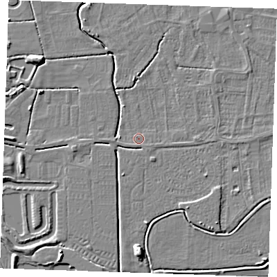 Shaded relief map of the ground around PE245UA, computed from Environment Agency LiDAR. The ground here sits at about 2 m above sea level and falls 6 m across the surrounding 800 m. Surface water reaching this point runs off ground lying to the east, 0.8 m higher.