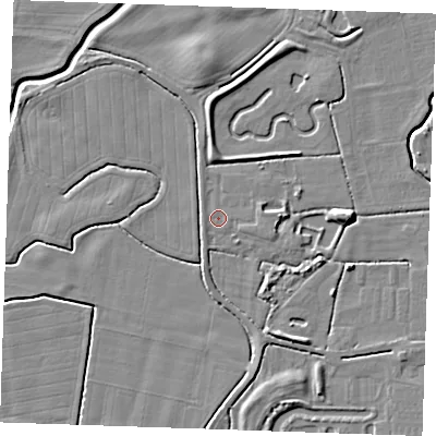 Shaded relief map of the ground around PE245UB, computed from Environment Agency LiDAR. The ground here sits at about 2 m above sea level and falls 5 m across the surrounding 800 m. The ground contributing surface water to this point lies to the east.