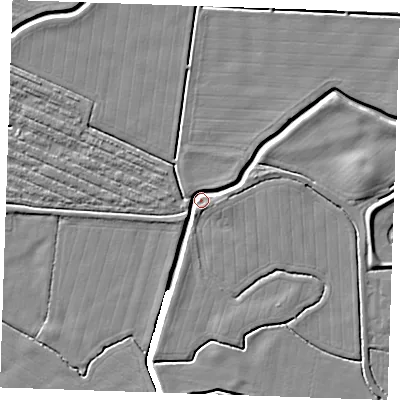 Shaded relief map of the ground around PE245UD, computed from Environment Agency LiDAR. The ground here sits at about 2 m above sea level and falls 5 m across the surrounding 800 m. Surface water reaching this point runs off ground lying to the east-south-east, 3.1 m higher.