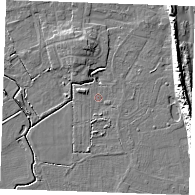Shaded relief map of the ground around PE245UF, computed from Environment Agency LiDAR. The ground here sits at about 2 m above sea level and falls 14 m across the surrounding 800 m. Surface water reaching this point runs off ground lying to the west-north-west, 2.2 m higher.