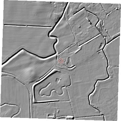 Shaded relief map of the ground around PE245UG, computed from Environment Agency LiDAR. The ground here sits at about 2 m above sea level and falls 5 m across the surrounding 800 m. Surface water reaching this point runs off ground lying to the north-west, 1.7 m higher.