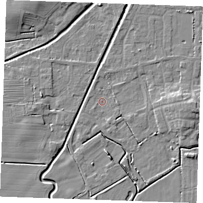 Shaded relief map of the ground around PE245UH, computed from Environment Agency LiDAR. The ground here sits at about 2 m above sea level and falls 7 m across the surrounding 800 m. Surface water reaching this point runs off ground lying to the south-west, 1.0 m higher.