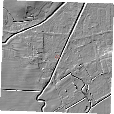 Shaded relief map of the ground around PE245UJ, computed from Environment Agency LiDAR. The ground here sits at about 2 m above sea level and falls 7 m across the surrounding 800 m. Surface water reaching this point runs off ground lying to the west, 3.9 m higher.