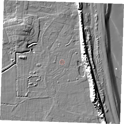 Shaded relief map of the ground around PE245UP, computed from Environment Agency LiDAR. The ground here sits at about 2 m above sea level and falls 17 m across the surrounding 800 m. Surface water reaching this point runs off ground lying to the south-east, 14.4 m higher.