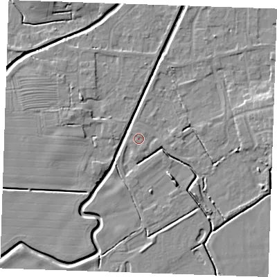 Shaded relief map of the ground around PE245UQ, computed from Environment Agency LiDAR. The ground here sits at about 2 m above sea level and falls 6 m across the surrounding 800 m. The ground contributing surface water to this point lies to the north-north-west.