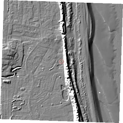 Shaded relief map of the ground around PE245UR, computed from Environment Agency LiDAR. The ground here sits at about 2 m above sea level and falls 18 m across the surrounding 800 m. Surface water reaching this point runs off ground lying to the east-south-east, 11.6 m higher.