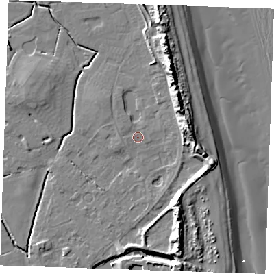 Shaded relief map of the ground around PE245US, computed from Environment Agency LiDAR. The ground here sits at about 2 m above sea level and falls 16 m across the surrounding 800 m. Surface water reaching this point runs off ground lying to the west-north-west, 0.7 m higher.