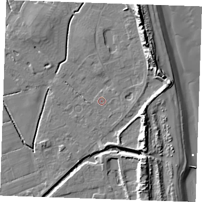 Shaded relief map of the ground around PE245UU, computed from Environment Agency LiDAR. The ground here sits at about 2 m above sea level and falls 16 m across the surrounding 800 m. Surface water reaching this point runs off ground lying to the east-south-east, 0.8 m higher.