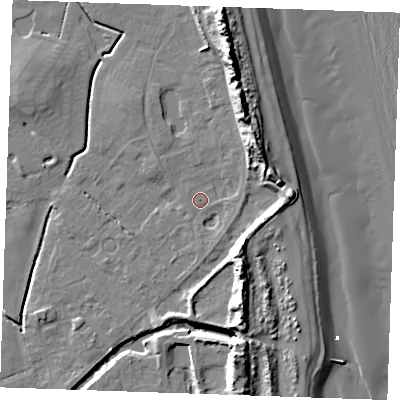 Shaded relief map of the ground around PE245UX, computed from Environment Agency LiDAR. The ground here sits at about 2 m above sea level and falls 16 m across the surrounding 800 m. Surface water reaching this point runs off ground lying to the north-east, 8.7 m higher.