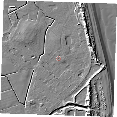 Shaded relief map of the ground around PE245UY, computed from Environment Agency LiDAR. The ground here sits at about 2 m above sea level and falls 16 m across the surrounding 800 m. Surface water reaching this point runs off ground lying to the east-north-east, 9.4 m higher.