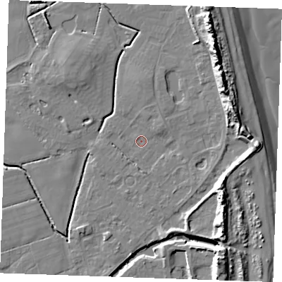 Shaded relief map of the ground around PE245UZ, computed from Environment Agency LiDAR. The ground here sits at about 2 m above sea level and falls 16 m across the surrounding 800 m. Surface water reaching this point runs off ground lying to the east-north-east, 9.4 m higher.