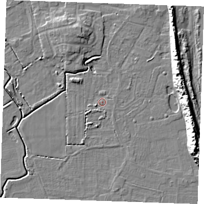 Shaded relief map of the ground around PE245WA, computed from Environment Agency LiDAR. The ground here sits at about 2 m above sea level and falls 16 m across the surrounding 800 m. Surface water reaching this point runs off ground lying to the south-west, 2.0 m higher.