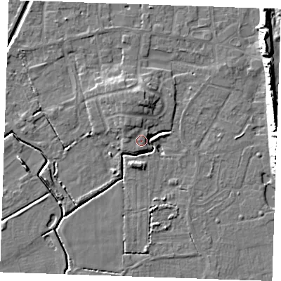 Shaded relief map of the ground around PE245WB, computed from Environment Agency LiDAR. The ground here sits at about 4 m above sea level and falls 13 m across the surrounding 800 m. Surface water reaching this point runs off ground lying to the north, 5.2 m higher.