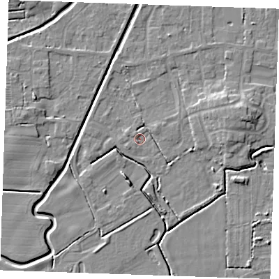 Shaded relief map of the ground around PE245WG, computed from Environment Agency LiDAR. The ground here sits at about 2 m above sea level and falls 6 m across the surrounding 800 m. Surface water reaching this point runs off ground lying to the south-west, 1.4 m higher.