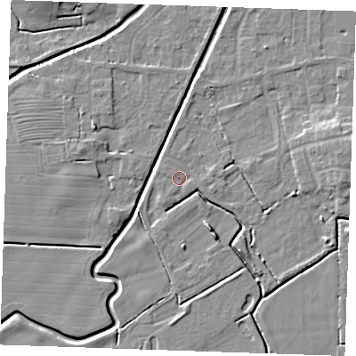 Shaded relief map of the ground around PE245WJ, computed from Environment Agency LiDAR. The ground here sits at about 2 m above sea level and falls 6 m across the surrounding 800 m. Surface water reaching this point runs off ground lying to the east-north-east, 3.9 m higher.
