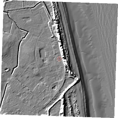 Shaded relief map of the ground around PE245XA, computed from Environment Agency LiDAR. The ground here sits at about 3 m above sea level and falls 16 m across the surrounding 800 m. Surface water reaching this point runs off ground lying to the east-north-east, 8.9 m higher.