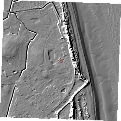 Shaded relief map of the ground around PE245XB, computed from Environment Agency LiDAR. The ground here sits at about 2 m above sea level and falls 16 m across the surrounding 800 m. Surface water reaching this point runs off ground lying to the east-north-east, 10.6 m higher.