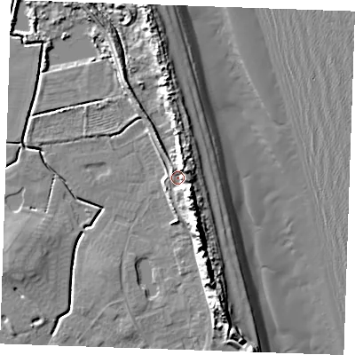Shaded relief map of the ground around PE245XD, computed from Environment Agency LiDAR. The ground here sits at about 5 m above sea level and falls 16 m across the surrounding 800 m. Surface water reaching this point runs off ground lying to the south-east, 7.3 m higher.