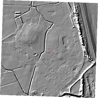 Shaded relief map of the ground around PE245XE, computed from Environment Agency LiDAR. The ground here sits at about 2 m above sea level and falls 15 m across the surrounding 800 m. Surface water reaching this point runs off ground lying to the north-east, 1.2 m higher.