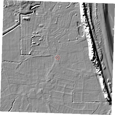Shaded relief map of the ground around PE245XF, computed from Environment Agency LiDAR. The ground here sits at about 2 m above sea level and falls 16 m across the surrounding 800 m. Surface water reaching this point runs off ground lying to the south-south-west, 1.1 m higher.