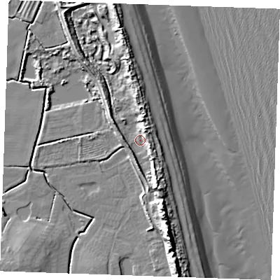 Shaded relief map of the ground around PE245XG, computed from Environment Agency LiDAR. The ground here sits at about 4 m above sea level and falls 16 m across the surrounding 800 m. Surface water reaching this point runs off ground lying to the south-south-east, 6.2 m higher.