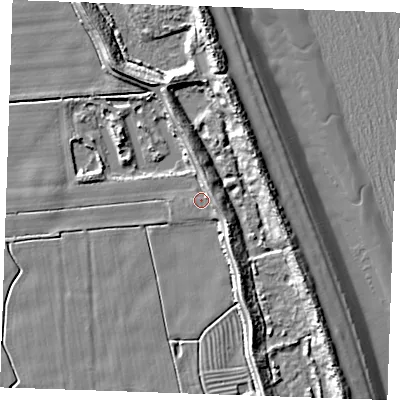 Shaded relief map of the ground around PE245XH, computed from Environment Agency LiDAR. The ground here sits at about 2 m above sea level and falls 12 m across the surrounding 800 m. Surface water reaching this point runs off ground lying to the east-north-east, 3.9 m higher.