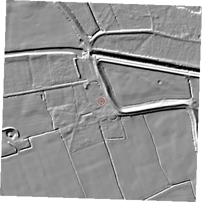 Shaded relief map of the ground around PE245XJ, computed from Environment Agency LiDAR. The ground here sits at about 2 m above sea level and falls 6 m across the surrounding 800 m. Surface water reaching this point runs off ground lying to the east-south-east, 4.3 m higher.