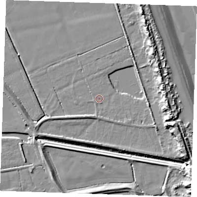 Shaded relief map of the ground around PE245XP, computed from Environment Agency LiDAR. The ground here sits at about 3 m above sea level and falls 13 m across the surrounding 800 m. Surface water reaching this point runs off ground lying to the south, 1.6 m higher.