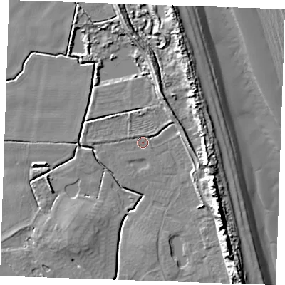 Shaded relief map of the ground around PE245XQ, computed from Environment Agency LiDAR. The ground here sits at about 2 m above sea level and falls 16 m across the surrounding 800 m. Surface water reaching this point runs off ground lying to the east-north-east, 4.5 m higher.