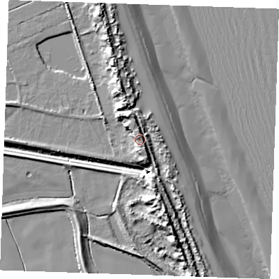 Shaded relief map of the ground around PE245XT, computed from Environment Agency LiDAR. The ground here sits at about 10 m above sea level and falls 16 m across the surrounding 800 m. Surface water reaching this point runs off ground lying to the south-south-east, 3.9 m higher.