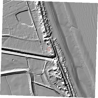 Shaded relief map of the ground around PE245XU, computed from Environment Agency LiDAR. The ground here sits at about 6 m above sea level and falls 16 m across the surrounding 800 m. Surface water reaching this point runs off ground lying to the south-east, 7.5 m higher.
