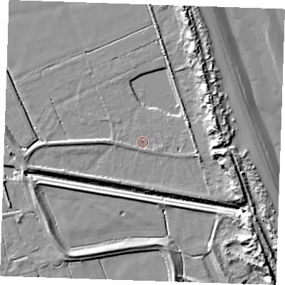 Shaded relief map of the ground around PE245XW, computed from Environment Agency LiDAR. The ground here sits at about 3 m above sea level and falls 16 m across the surrounding 800 m. Surface water reaching this point runs off ground lying to the south-east, 1.2 m higher.