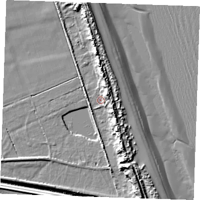 Shaded relief map of the ground around PE245XX, computed from Environment Agency LiDAR. The ground here sits at about 3 m above sea level and falls 14 m across the surrounding 800 m. Surface water reaching this point runs off ground lying to the south-south-east, 9.2 m higher.