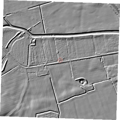Shaded relief map of the ground around PE245XY, computed from Environment Agency LiDAR. The ground here sits at about 2 m above sea level and falls 5 m across the surrounding 800 m. Surface water reaching this point runs off ground lying to the north-west, 2.6 m higher.