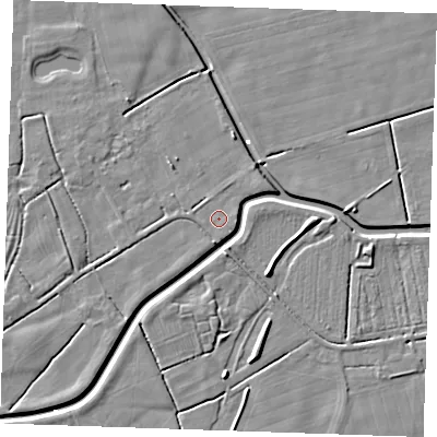 Shaded relief map of the ground around PE245XZ, computed from Environment Agency LiDAR. The ground here sits at about 3 m above sea level and falls 5 m across the surrounding 800 m. Surface water reaching this point runs off ground lying to the south, 0.7 m higher.