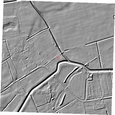 Shaded relief map of the ground around PE245YA, computed from Environment Agency LiDAR. The ground here sits at about 2 m above sea level and falls 5 m across the surrounding 800 m. Surface water reaching this point runs off ground lying to the south, 1.1 m higher.