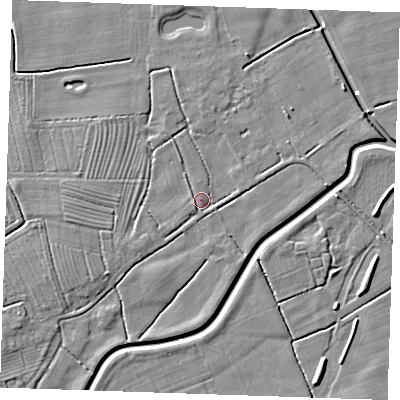 Shaded relief map of the ground around PE245YB, computed from Environment Agency LiDAR. The ground here sits at about 3 m above sea level and falls 5 m across the surrounding 800 m. Surface water reaching this point runs off ground lying to the west-south-west, 2.2 m higher.