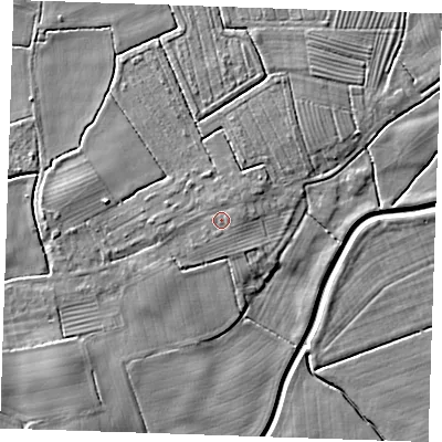 Shaded relief map of the ground around PE245YD, computed from Environment Agency LiDAR. The ground here sits at about 4 m above sea level and falls 6 m across the surrounding 800 m. Surface water reaching this point runs off ground lying to the east-north-east, 0.6 m higher.