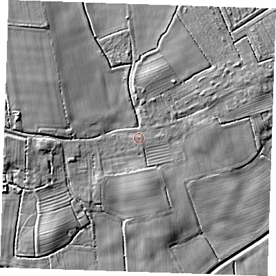 Shaded relief map of the ground around PE245YE, computed from Environment Agency LiDAR. The ground here sits at about 3 m above sea level and falls 9 m across the surrounding 800 m. Surface water reaching this point runs off ground lying to the west, 3.7 m higher.