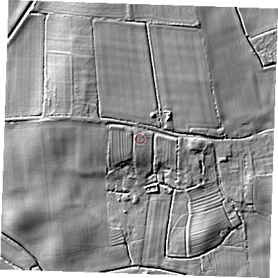 Shaded relief map of the ground around PE245YF, computed from Environment Agency LiDAR. The ground here sits at about 6 m above sea level and falls 9 m across the surrounding 800 m. Surface water reaching this point runs off ground lying to the north-west, 2.0 m higher.